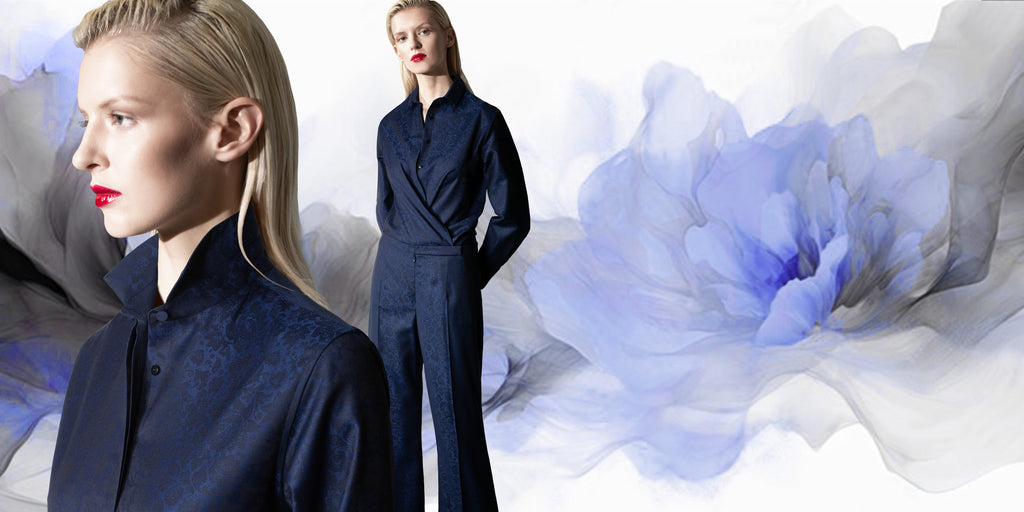 azurite floral jacquard fine wool overshirt and wide leg pant