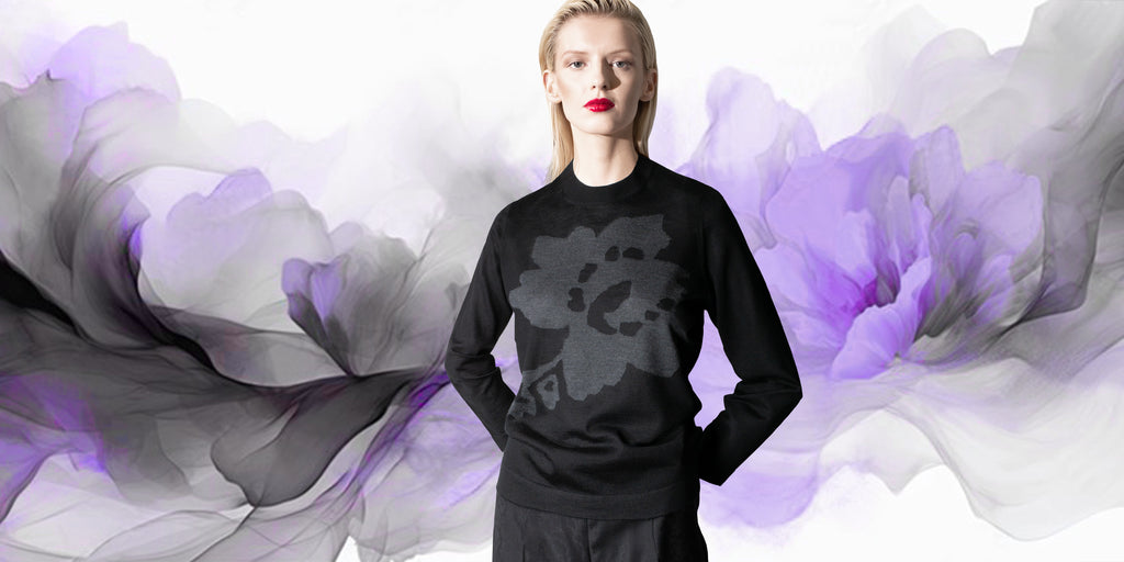 cashmere second skin floral abstract sweater and fine wool jacquard pant