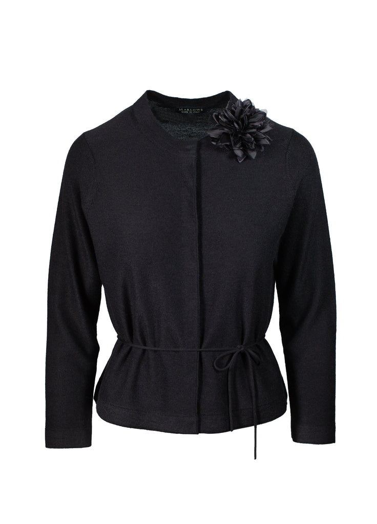 Cashmere Cardigan Crew Neck Black with Flower pin and tie belt