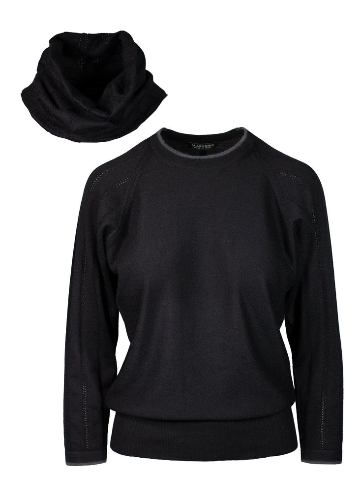 Cashmere crew neck and funnel scarf black