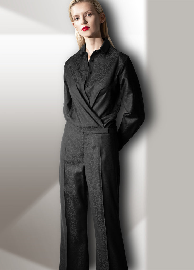 floral jacquard fine wool shirt and wide leg pant on model in black