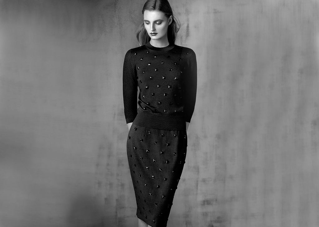 Beaded cashmere sweater and skirt