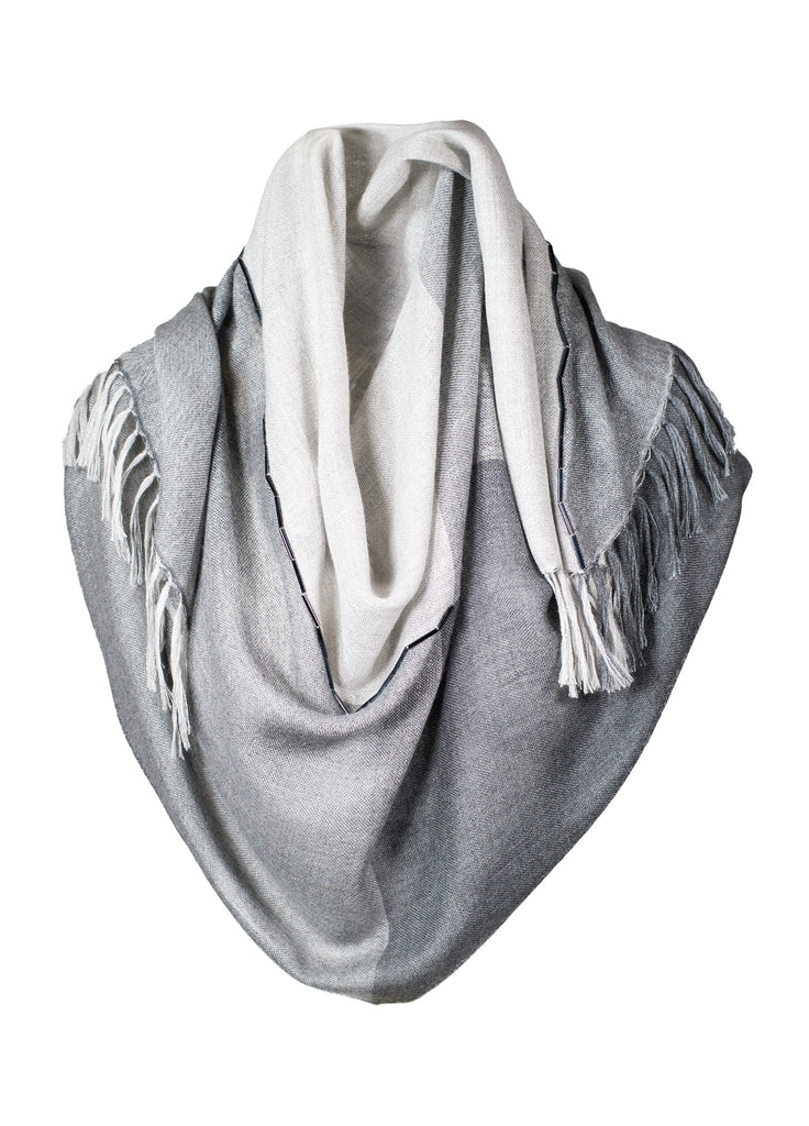Cashmere ultra fine scarf two tone silver grey with beaded stripe