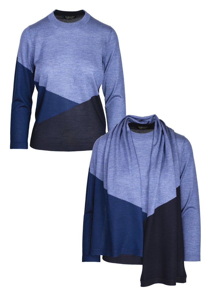 cashmere triple tone crew neck and scarf pearl blue azurite navy