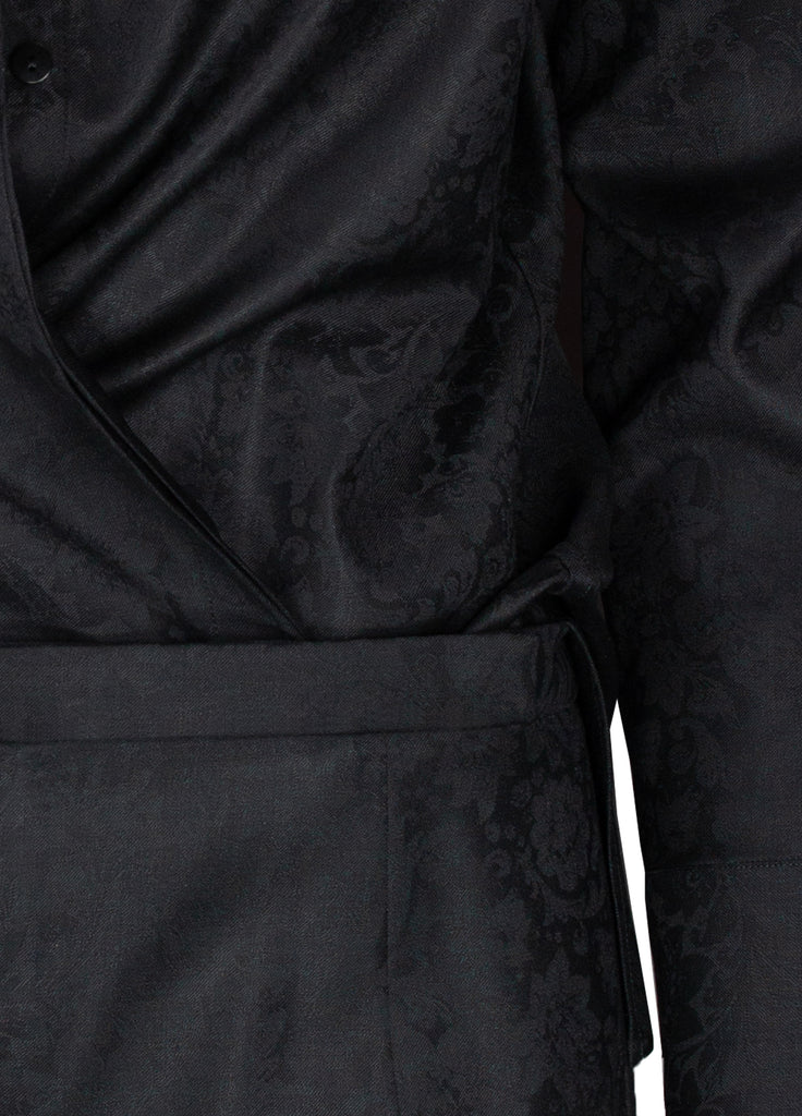 fine wool floral jacquard shirt tucked into pant black close up detail 