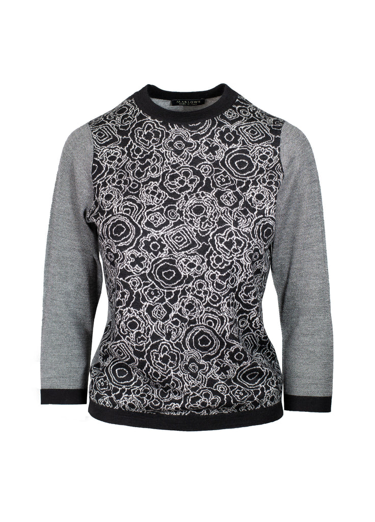 Cashmere Floral Jacquard Crew Neck Sweater black and white