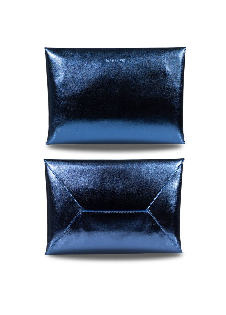 Leather envelope clutch metallic mercury blue