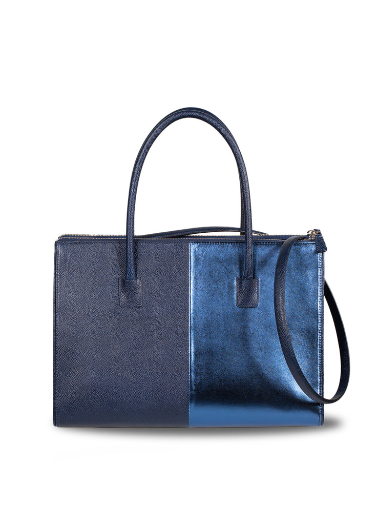Leather tote double zipper and open center galleria and shoulder strap navy mercury blue