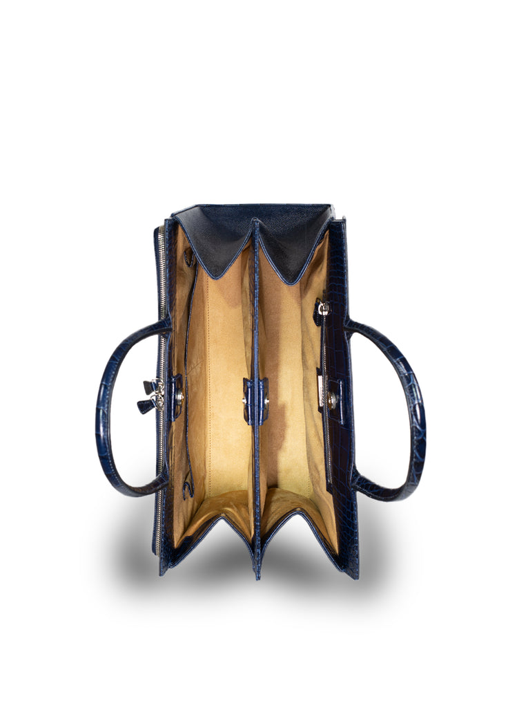 Leather tote bag with multi compartments large navy interior view