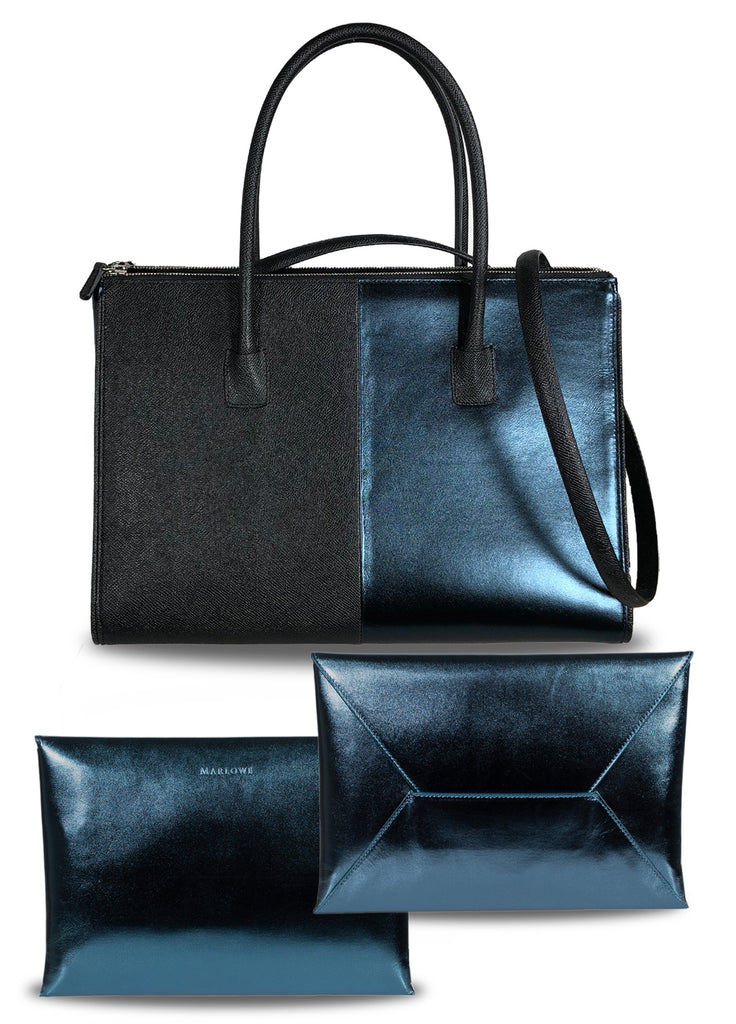Leather tote double zipper and open center galleria and shoulder strap teal black with matching envelope