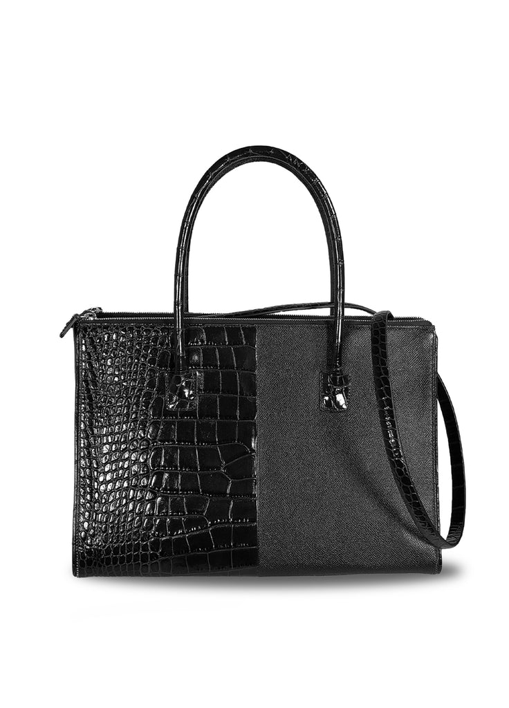 Leather tote double zipper and open center galleria and shoulder strap black duo texture