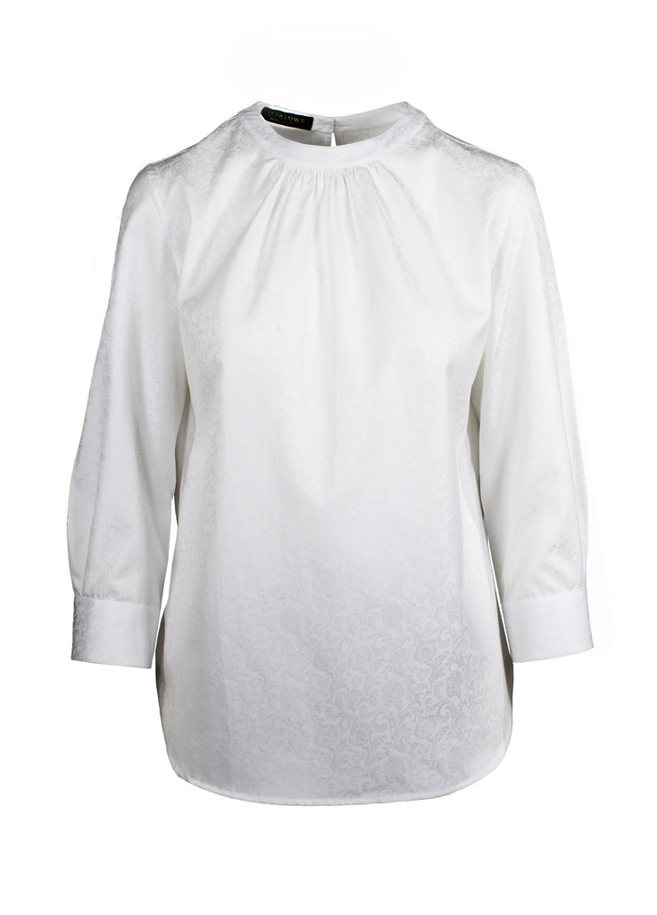 Women's crew neck shirt with front gathers white