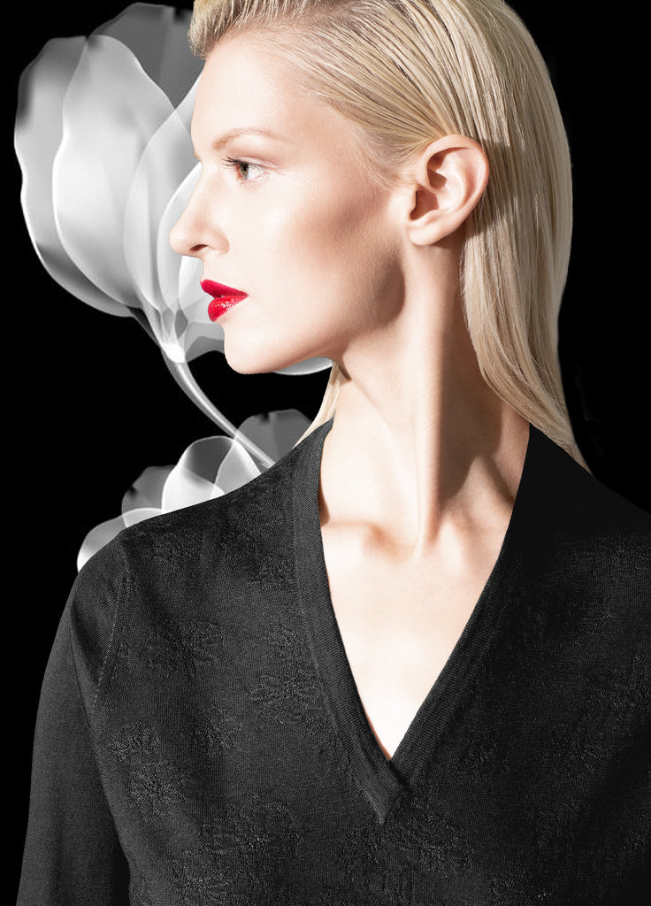 second skin cashmere floral texture detail V-neck in black  on model close up 