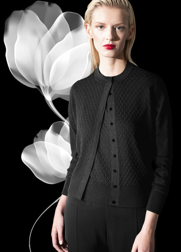 Cashmere sweater set with vine lace stitch - crew cardigan with crew neck tee under pinning in black on model with coordinating fine wool crepe wide  leg pant