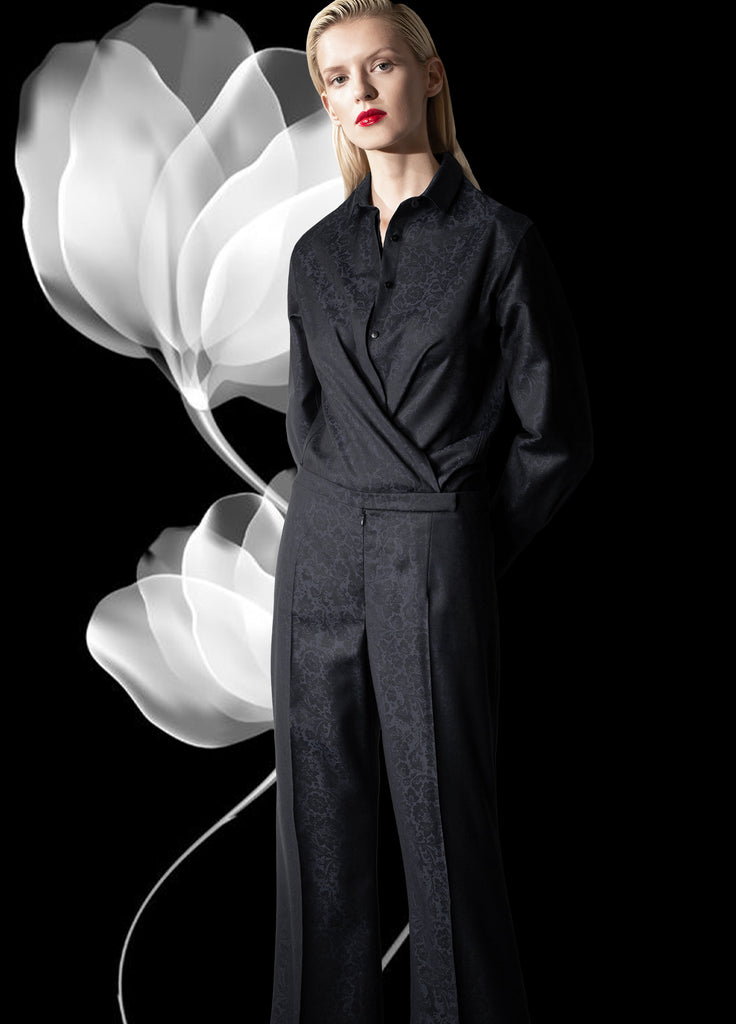 floral jacquard fine wool wide leg pant and shirt on model black 