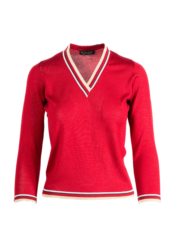 Women's cashmere sweater v neck metallic trim ruby