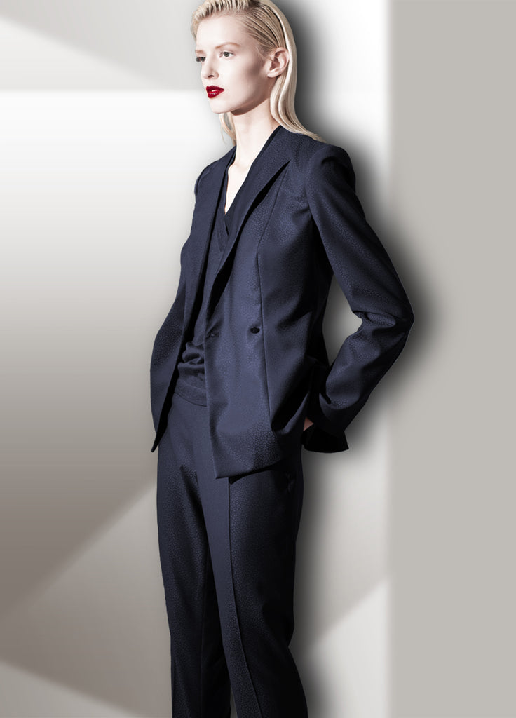 navy fine wool taper leg pant and jacket on model