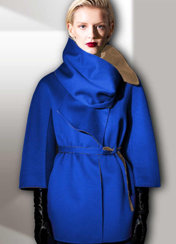 Cashmere double face coat in cobalt blue and natural quartz with scarf on model
