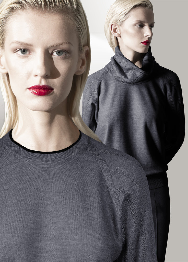 cashmere crew neck with detachable funnel neck scarf on model opal grey