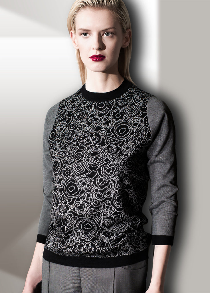 Cashmere Floral Jacquard Crew Neck Sweater black and white