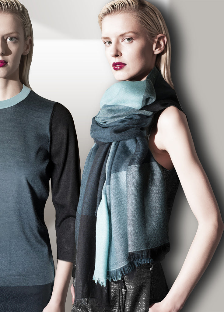 cashmere triple tone scarf teal with black and aqua