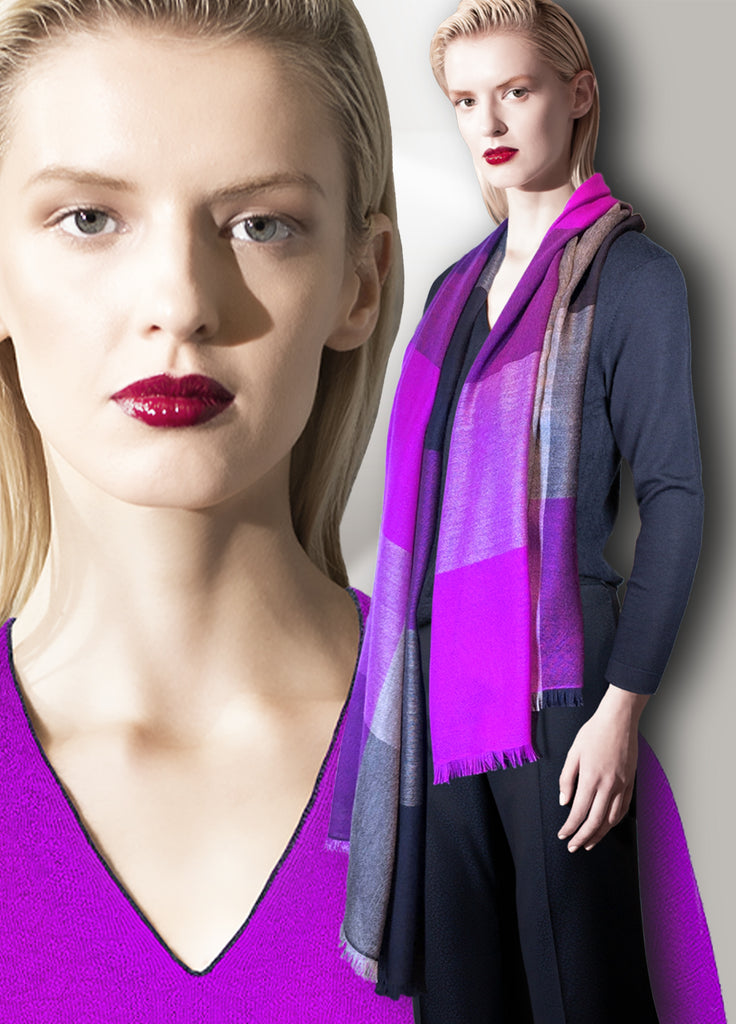 Cashmere ultra fine scarf triple tone magenta with midnight navy on model