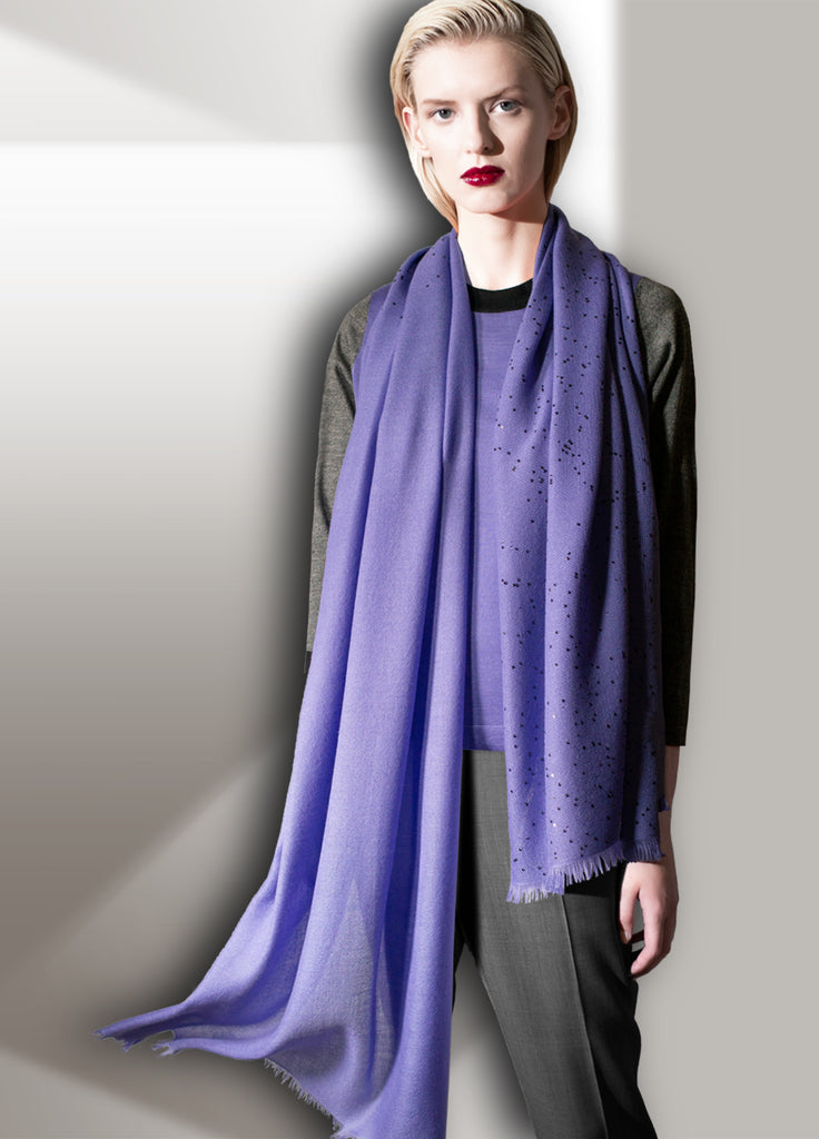 violet triple tone crew neck cashmere sweater with ultrafine cashmere scarf with sequins on model