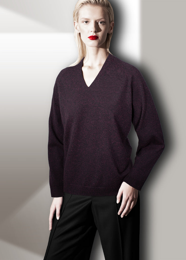 classic pure cashmere relaxed V-neck in black currant on model