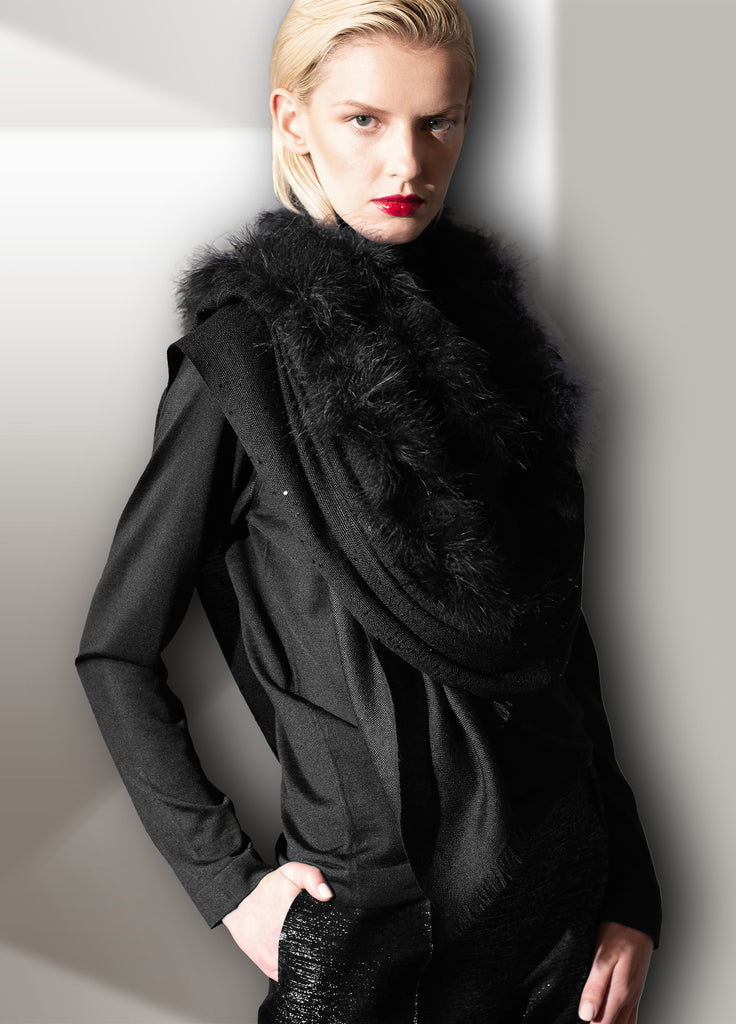 cashmere ultrafine scarf with sequin and marabou on model black graphite