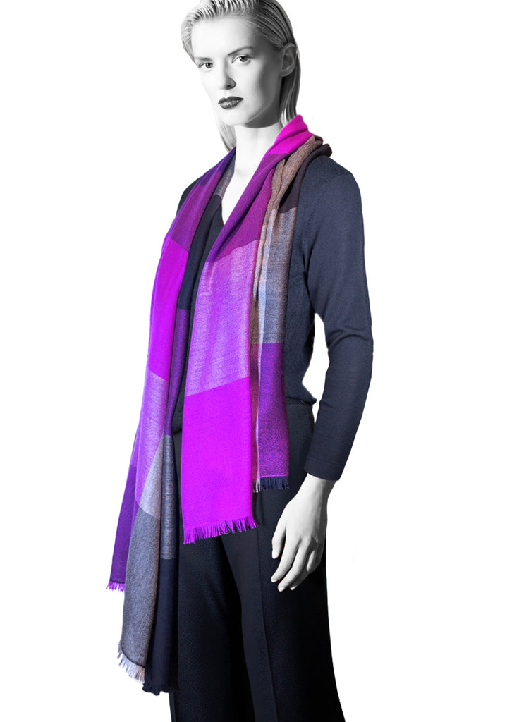 Cashmere ultra fine scarf triple tone magenta with midnight navy