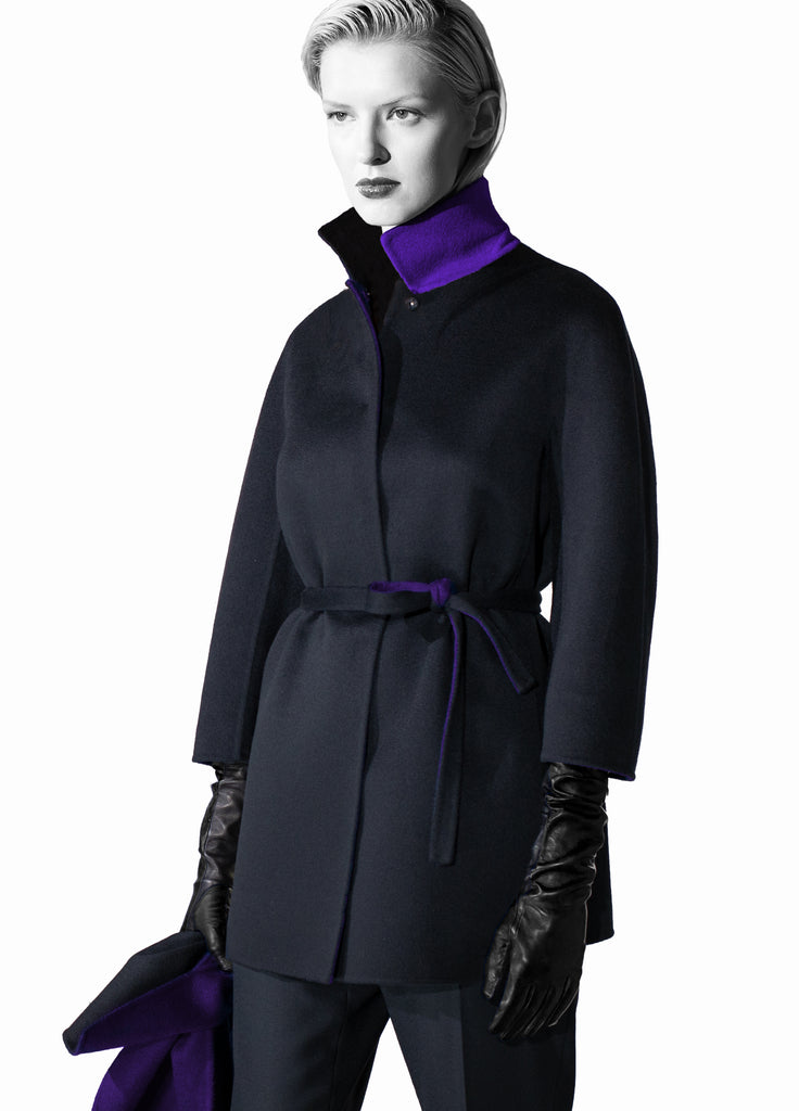 cashmere double-face reversible coat with scarf black and ultra violet