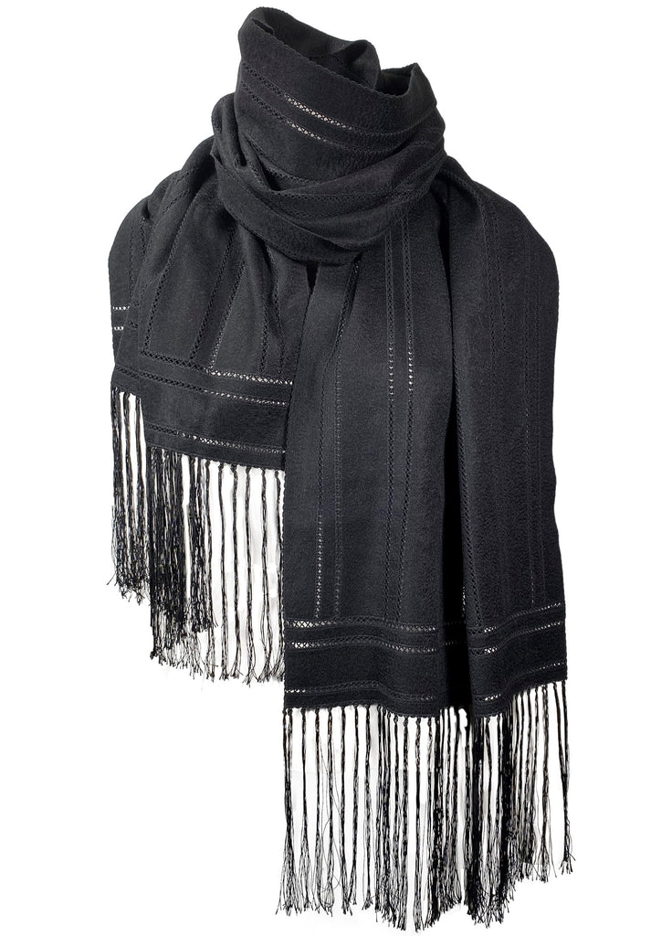 Black scarf with fringe details on a white background