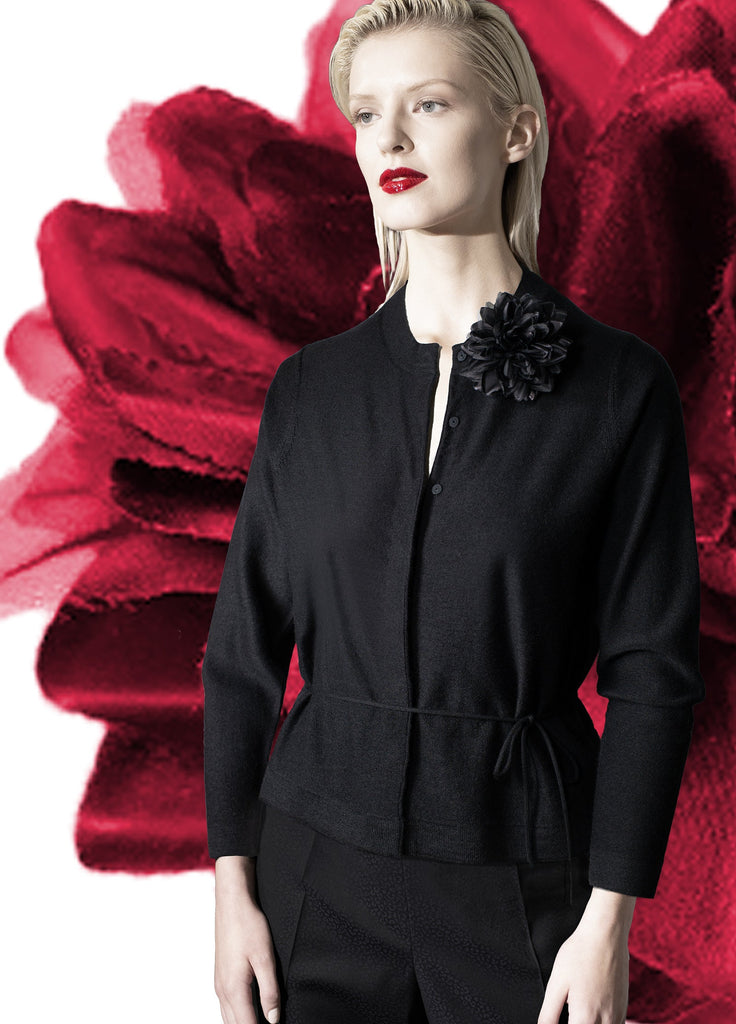Cashmere Crew Neck Cardigan Black with Flower pin and tie belt on model