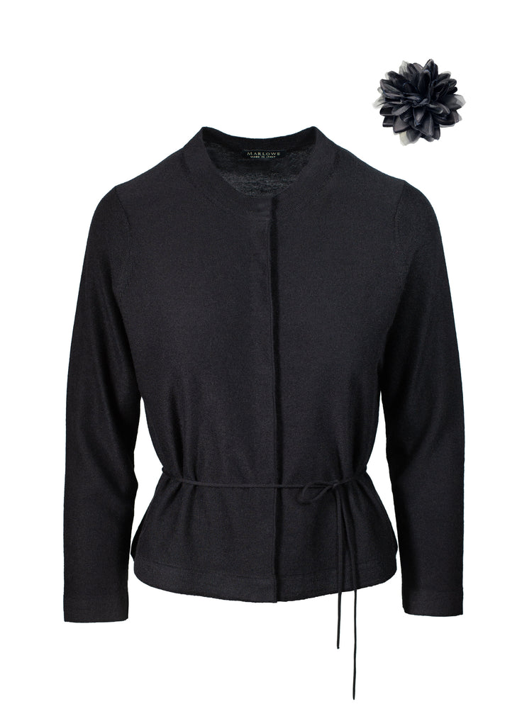 Cashmere Cardigan Crew Neck  Black with Detachable Flower pin and tie belt