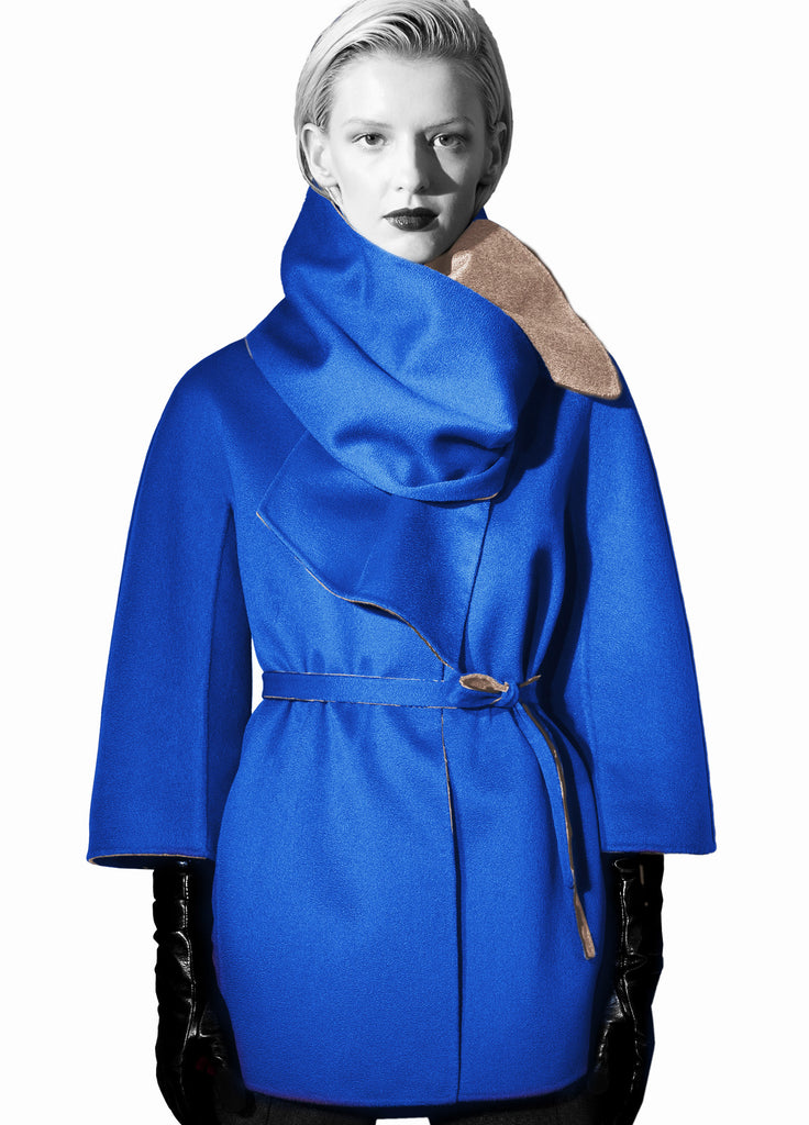 cashmere double face reversible coat cobalt blue and camel