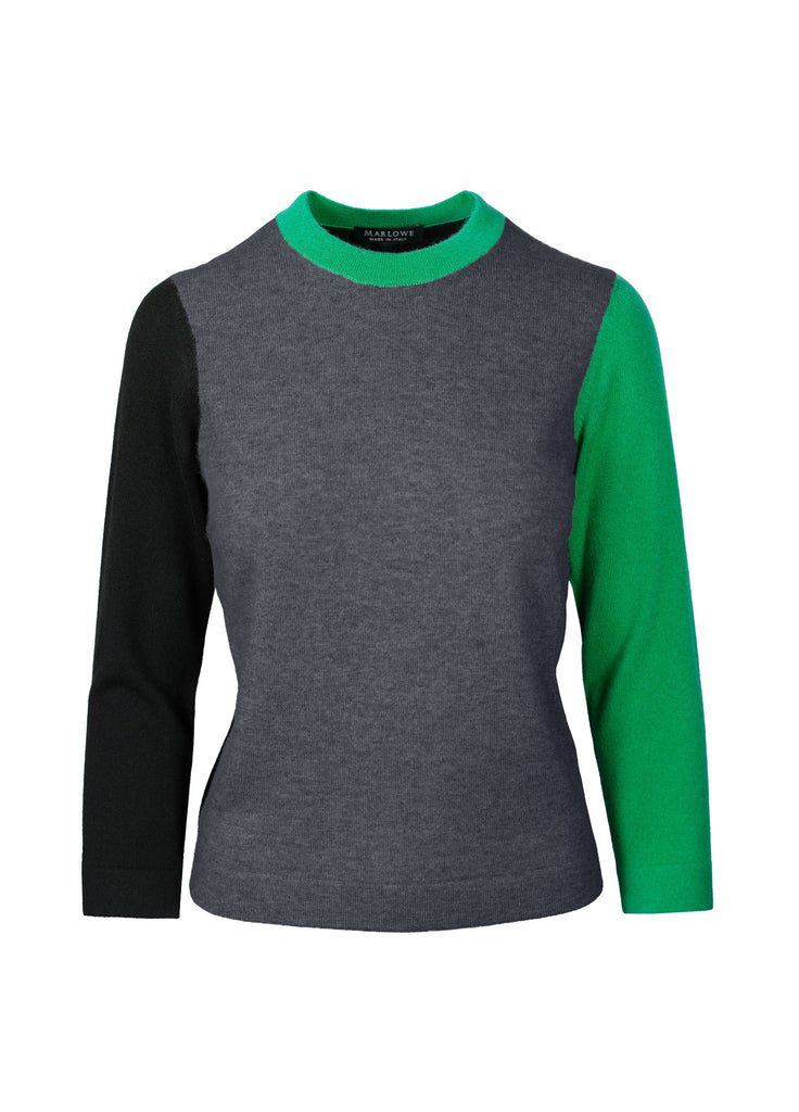 cashmere triple tone crew neck opal grey with black and electric green