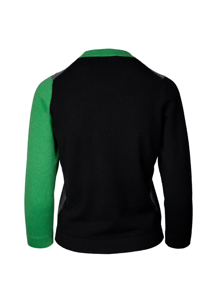 cashmere triple tone crew neck opal grey with black and electric green back view