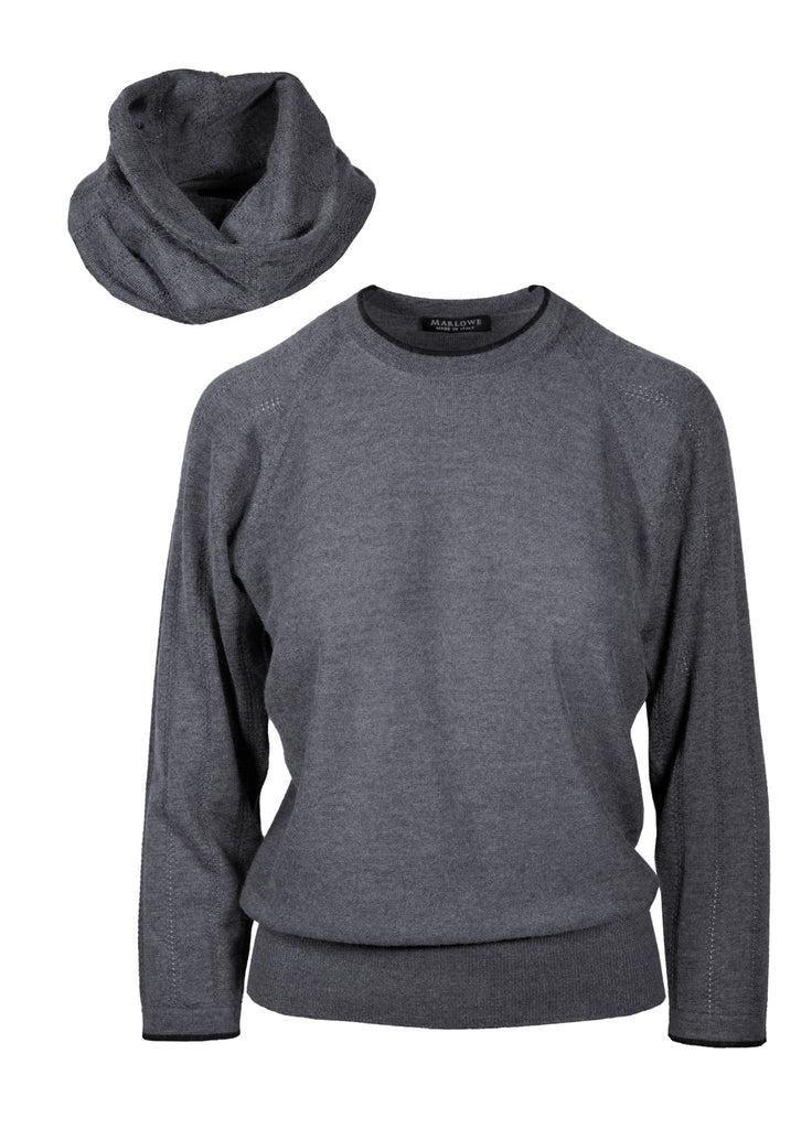 Cashmere crew neck and funnel scarf opal grey