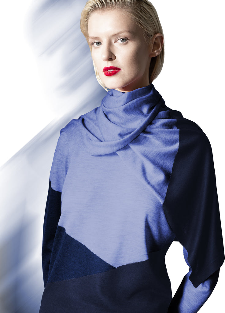 cashmere triple tone crew neck and scarf pearl blue azurite navy on model
