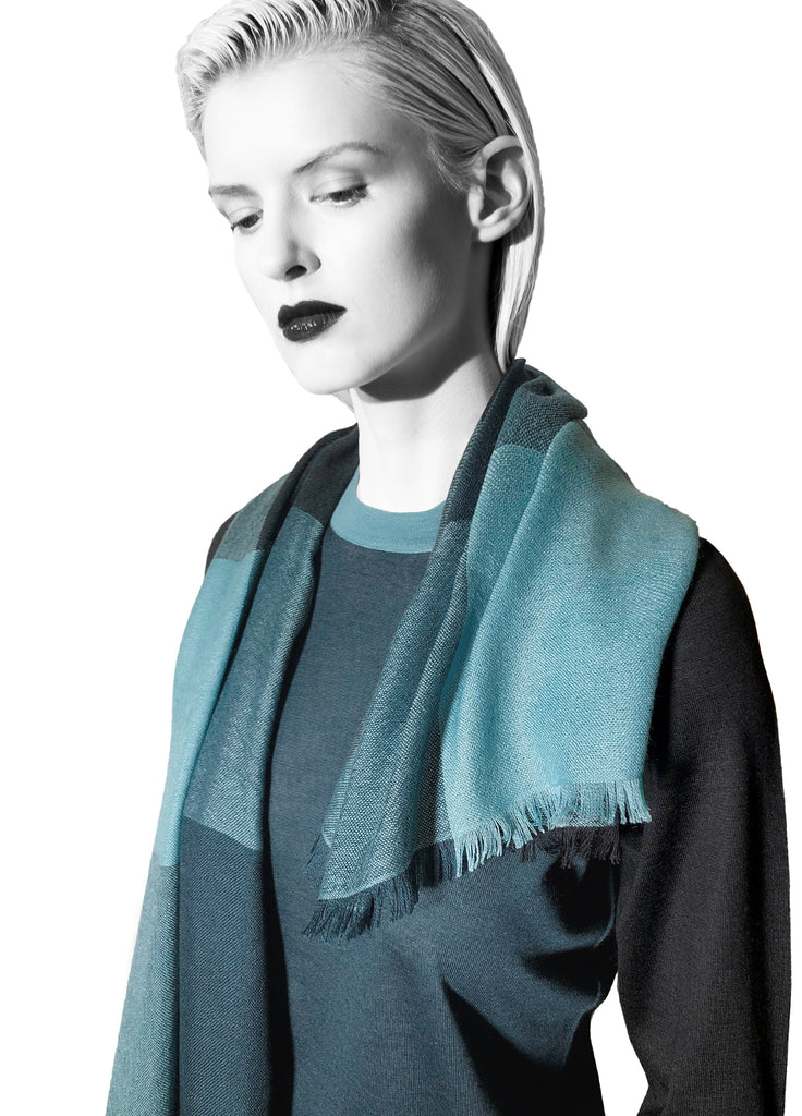 cashmere ultrafine triple tone teal onyx aqua  scarf on model with matching second skin cashmere triple tone sweater