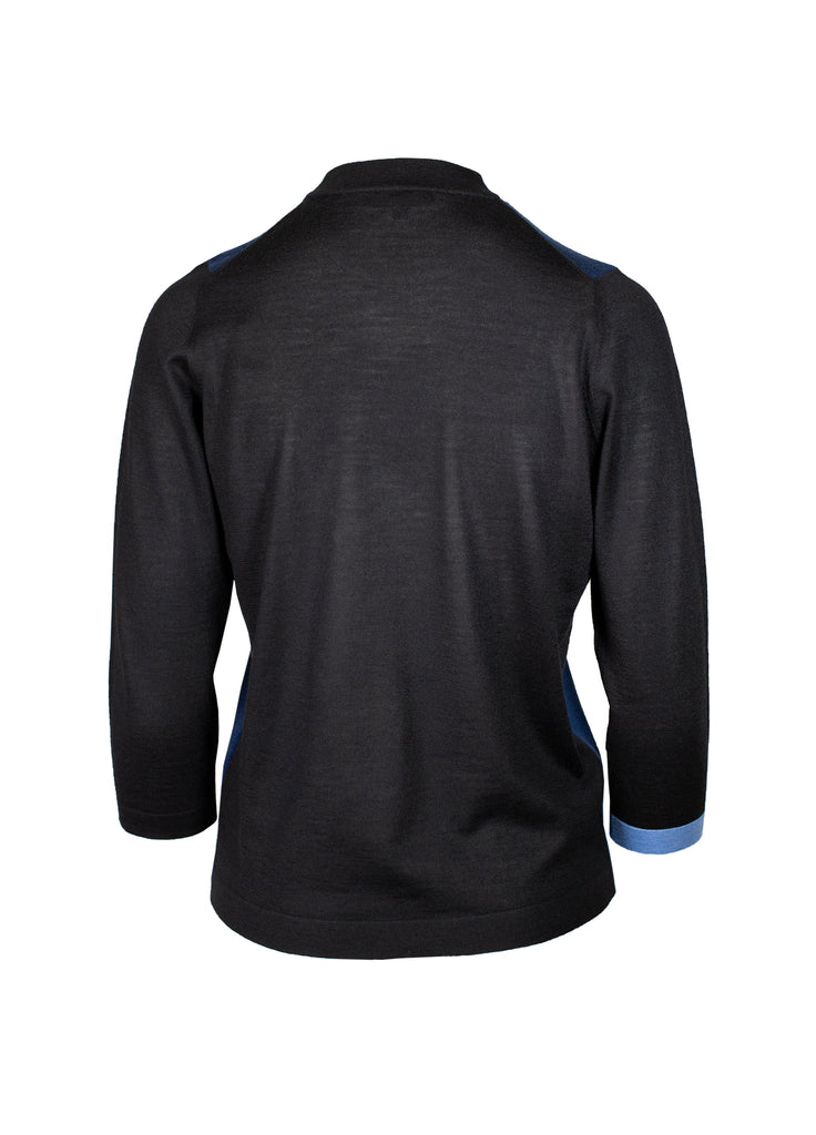 back view of second skin cashmere sweater black with azurite blue 