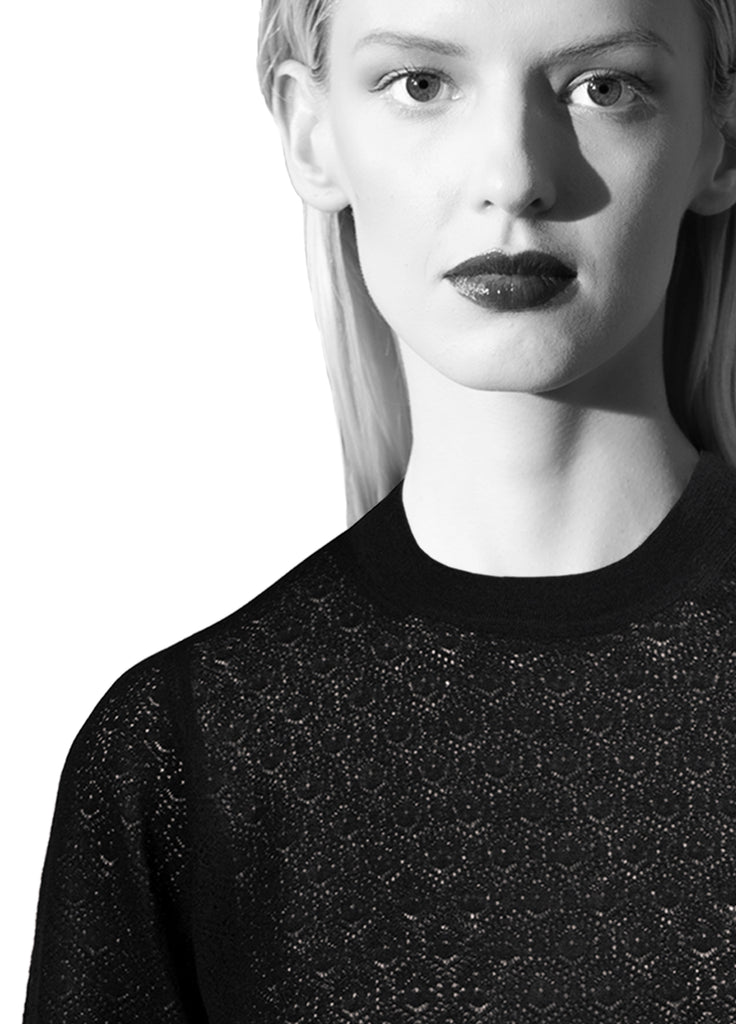 Cashmere second skin lace crew neck close up detail on model