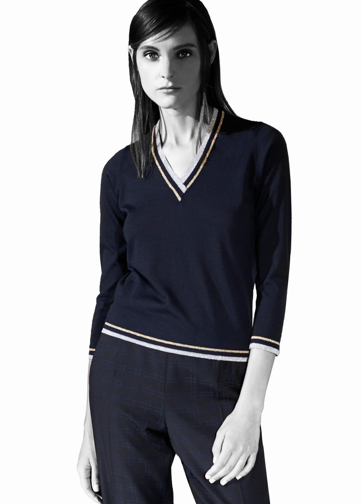 Women's cashmere sweater v neck metallic trim navy