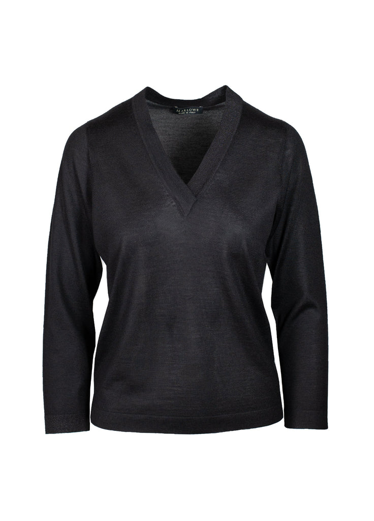 cashmere second skin V-neck sweater with lame neck band black