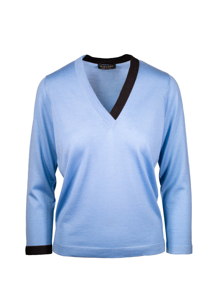 Cashmere second skin V-neck with two tone neck band sterling blue with black