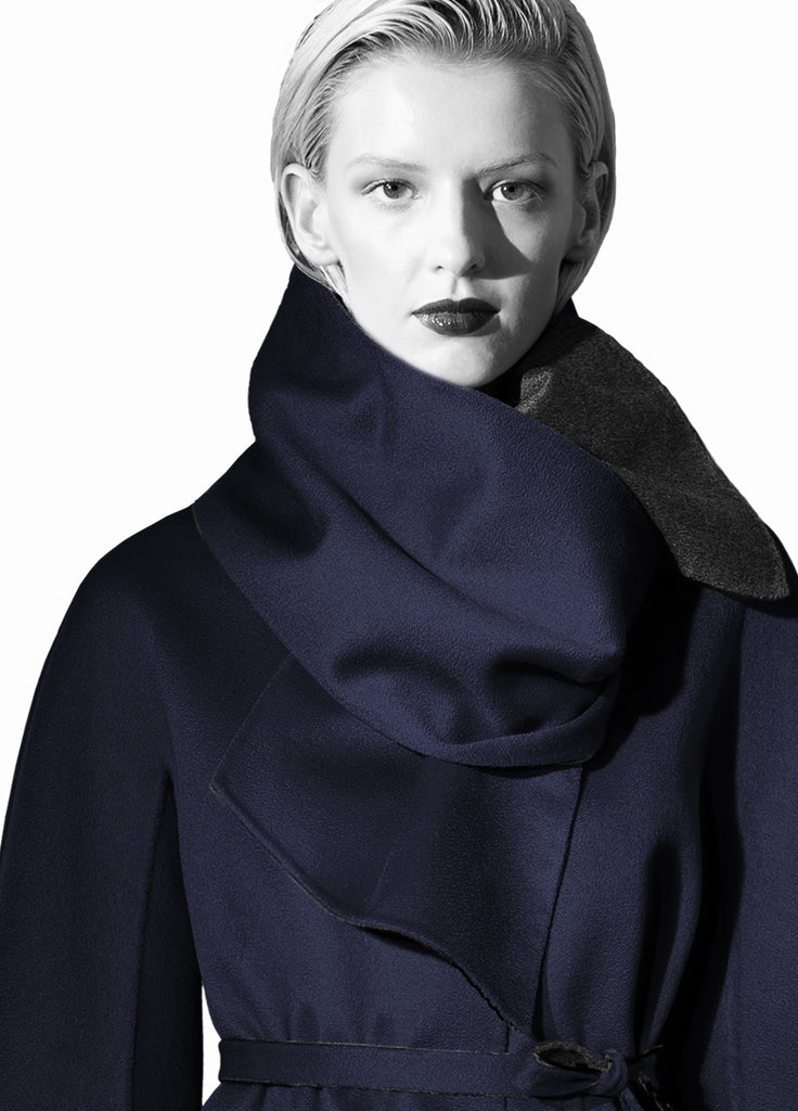 cashmere double-face reversible coat with scarf midnight navy and charcoal grey