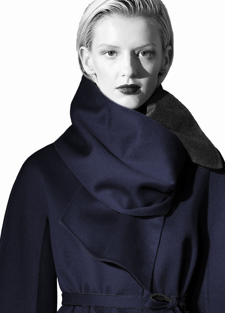 cashmere double face reversible coat midnight navy and graphite grey