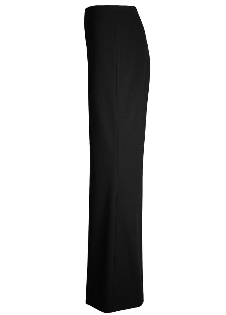 black crepe wool wide leg pants side view