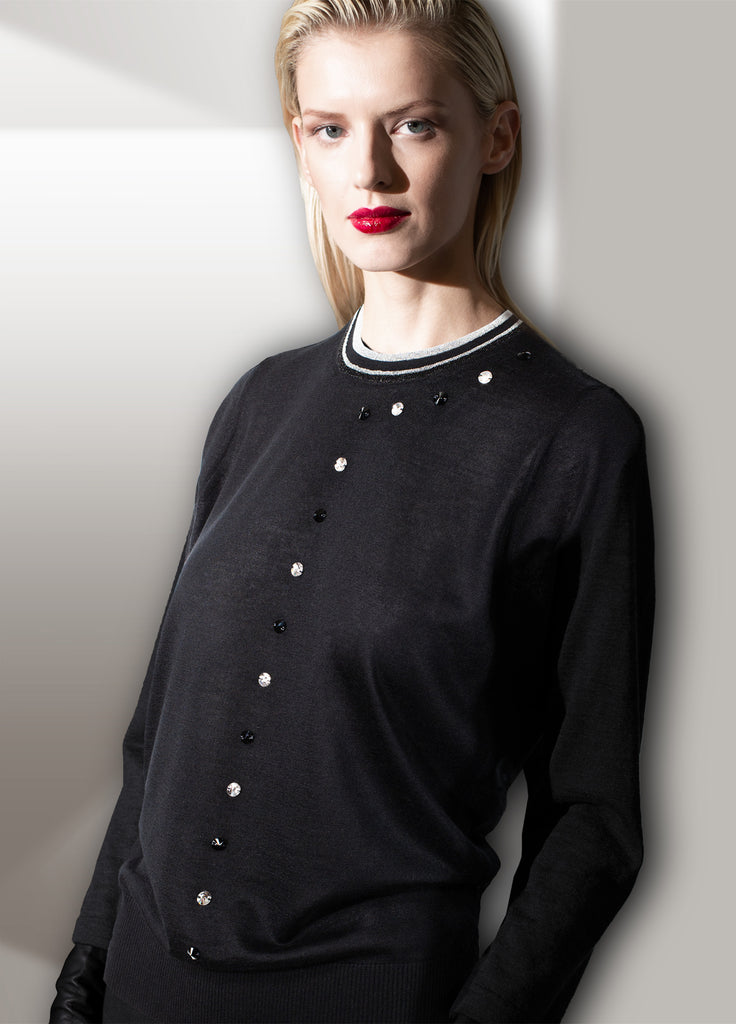 Cashmere second skin crew neck with black and silver lame neck trim and front body glass beaded design on model