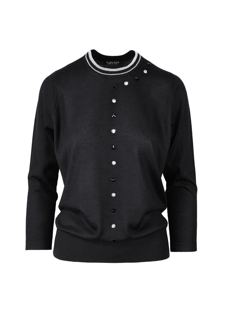 Cashmere second skin crew neck with black and silver lame neck trim and front body glass beaded design